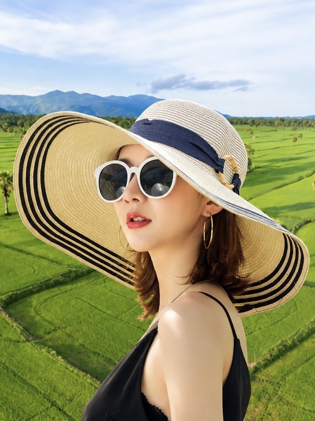 Mũ đi biển cho nữ phối viền sọc, nón nữ vành rộng du lịch dã ngoại chống nắng chụp hình xinh thời trang Korea dona270626