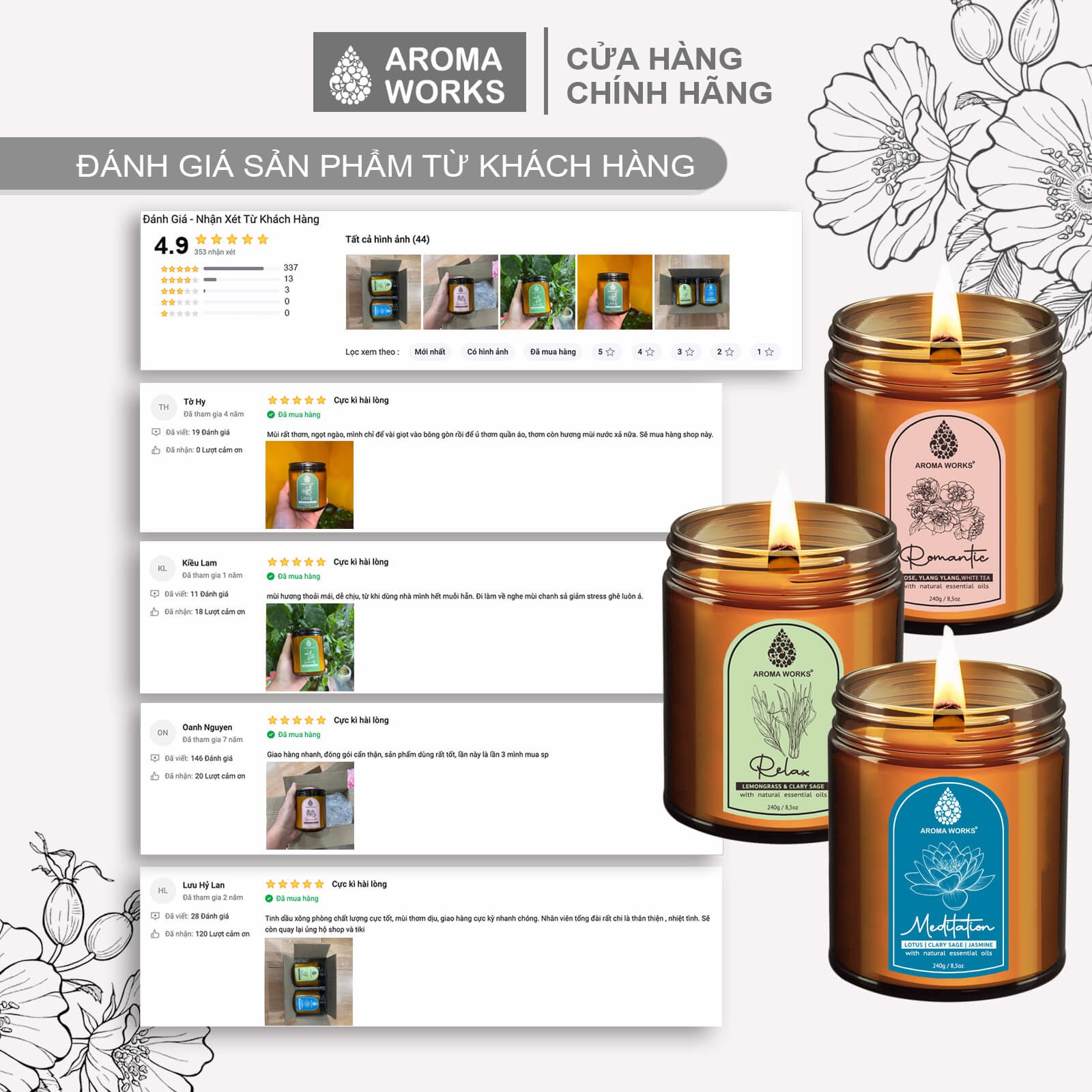 Nến Thơm Tinh Dầu Aroma Works liệu pháp mùi hương giúp dễ ngủ, thư giãn, thoải mái, lãng mạn, thiền, tăng năng lượng 240g