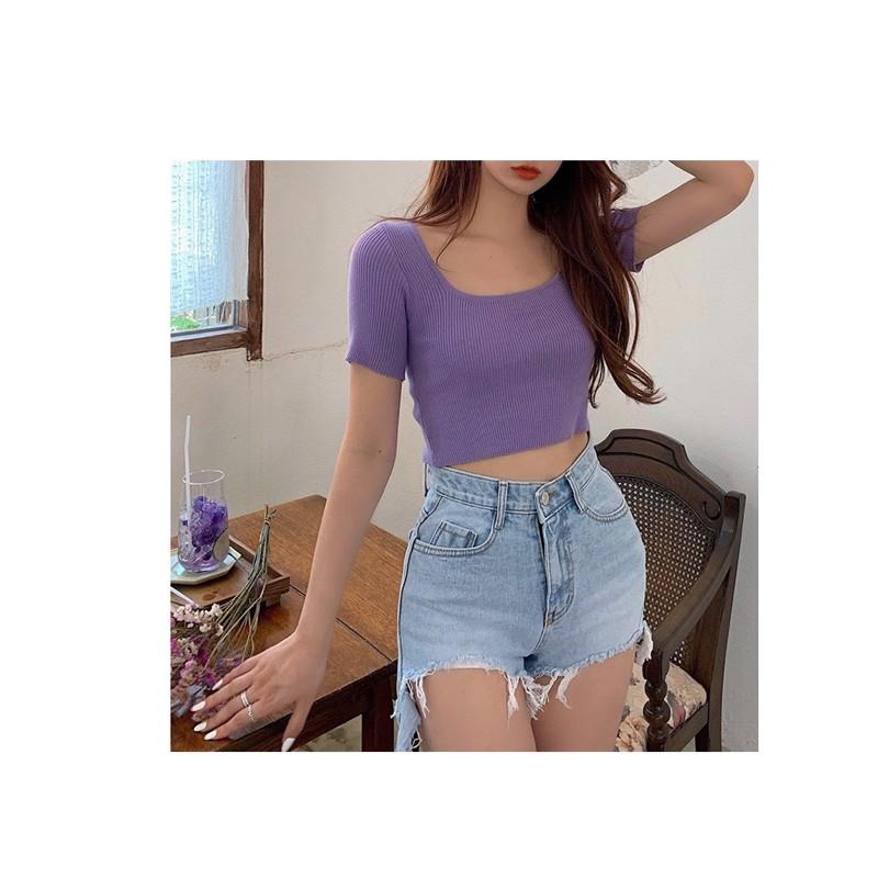 Áo len tăm croptop cổ chữ U