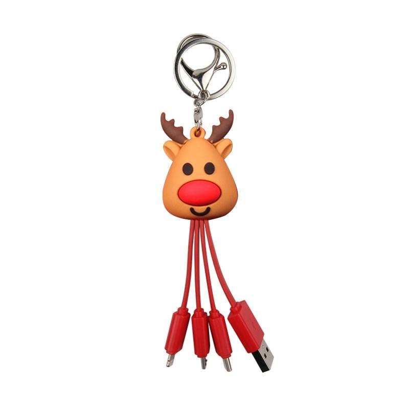 HSV 3 in 1 Creative Cartoon Charging Cable Multifunctional Fast Charging Cable with Type C/Micro USB Port Adapter Christmas Keychain