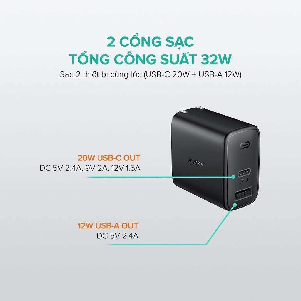 Cốc Sạc Siêu Nhanh AUKEY 2 Cổng PA-F3S 32W, Cổng Type C Power Delivery 20W, Cổng USB-A Air Power 12W - Hàng Chính Hãng