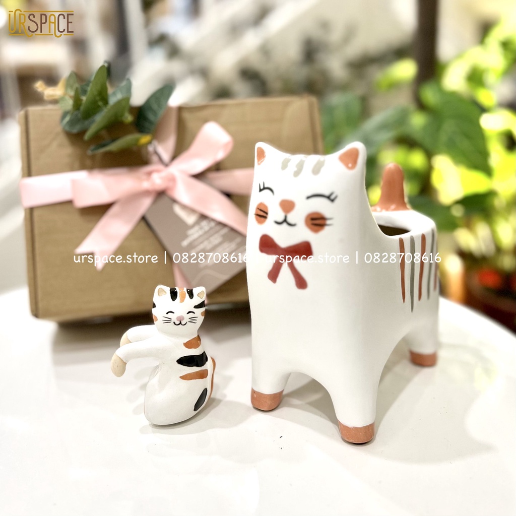 Chậu trồng cây mini để bàn URSPACE trang trí decor góc làm việc - PRINCESS Cat Ceramic Plant Pot Planter