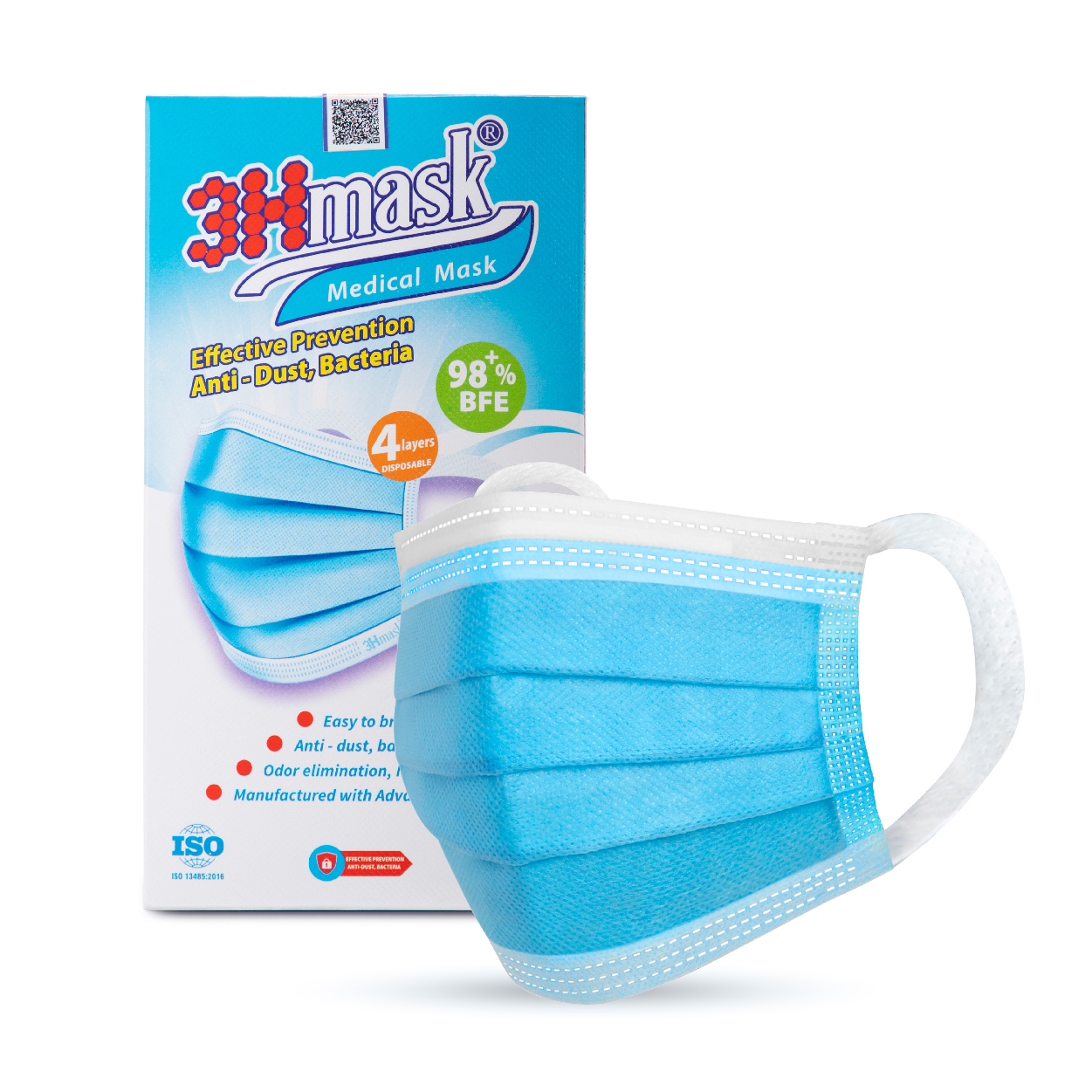 Khẩu Trang Y Tế 3Hmask 4 Lớp Quai Bản (Xanh) không đau tai