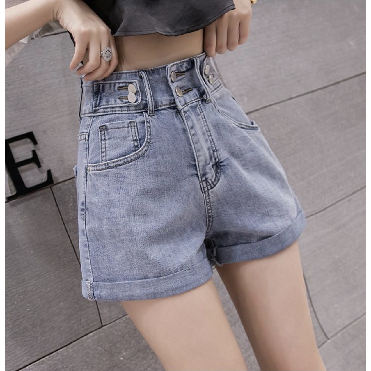 Quần short jean nữ Big Size lưng cao, co dãn mạnh, lưng đai kiểu 6 nút đang hot trend 3614