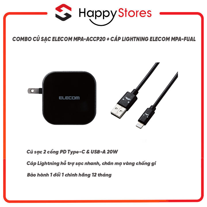 COMBO Củ Sạc ELECOM 2 Cổng PD Type-C &amp; USB-A 20W ELECOM MPA-ACCP20 + Cáp Sạc ELECOM MPA-FUAL - Hàng Chính Hãng