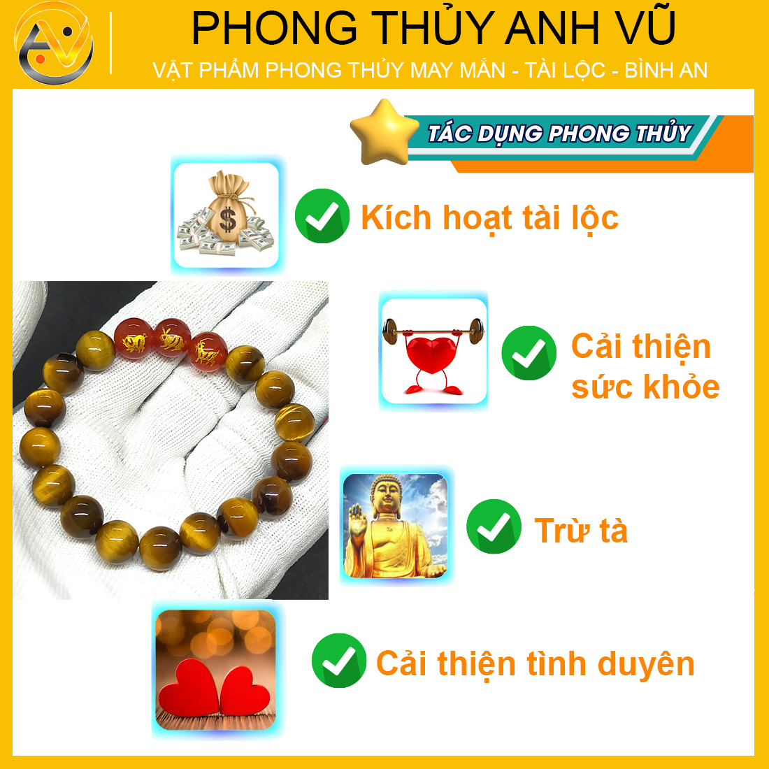 Vòng tay con giáp tam hợp hợi mão mùi đã khai quang - chất liệu mắt hổ vàng nâu tự nhiên - size 8 10 12ly - may mắn tài lộc - Vòng Tam Hợp Anh Vũ