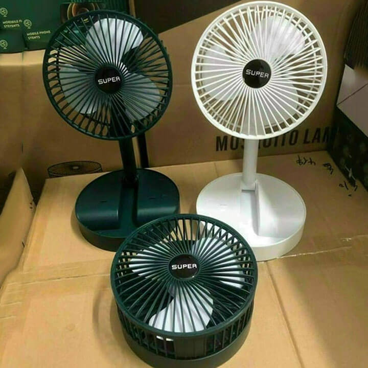 Quạt tích điện mini để bàn gấp gọn Super Fan có thể điều chỉnh độ cao, 3 tốc độ gió, sạc micro USB có giá đỡ điện thoại