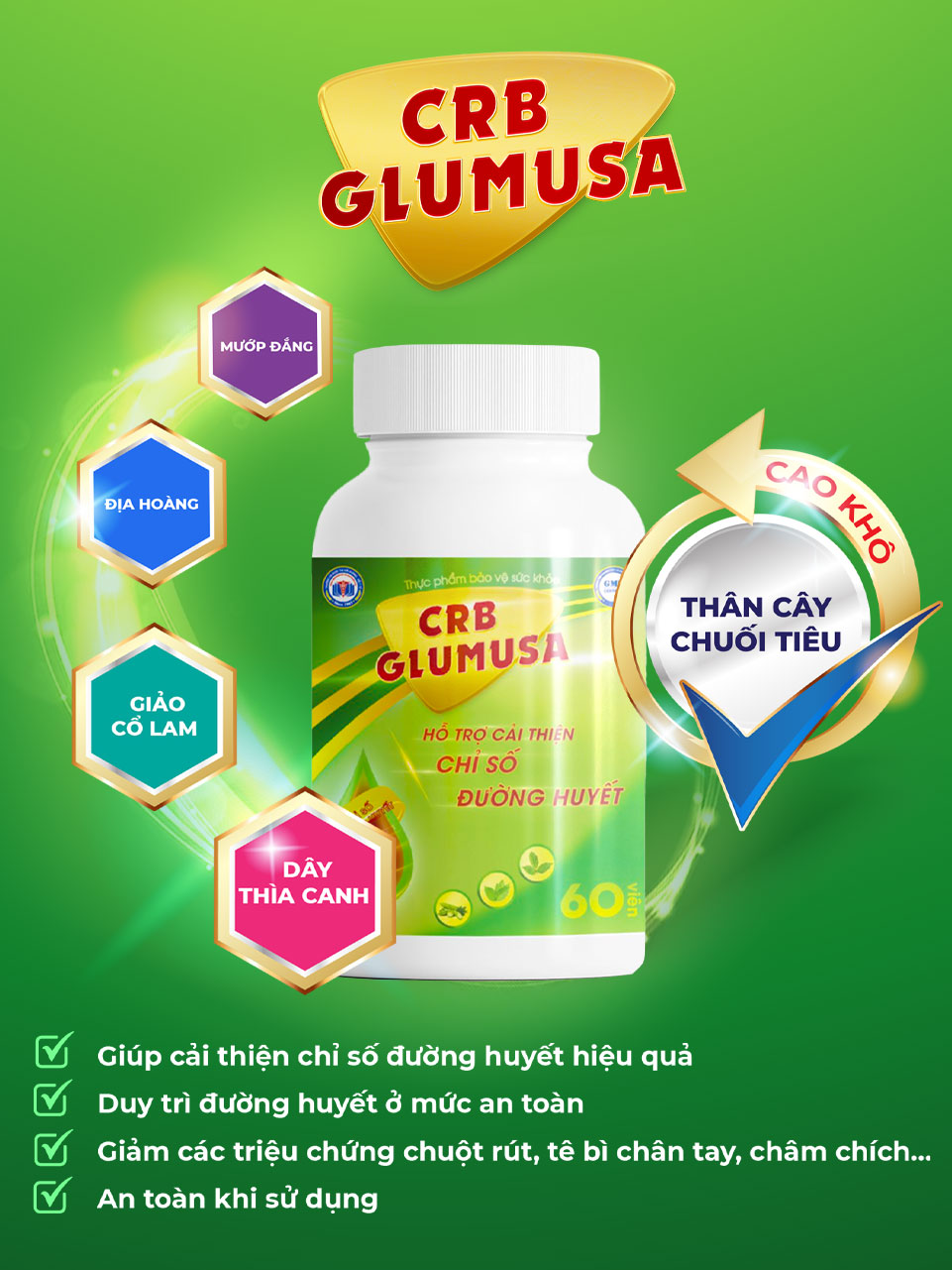 Viên Uống Giảm Tiểu Đường CRB Glumusa Chiết Xuất Thảo Dược Tự Nhiên Hỗ Trợ Cải Thiện Chỉ Số Đường Huyết Cho Người Lớn Lọ 60V