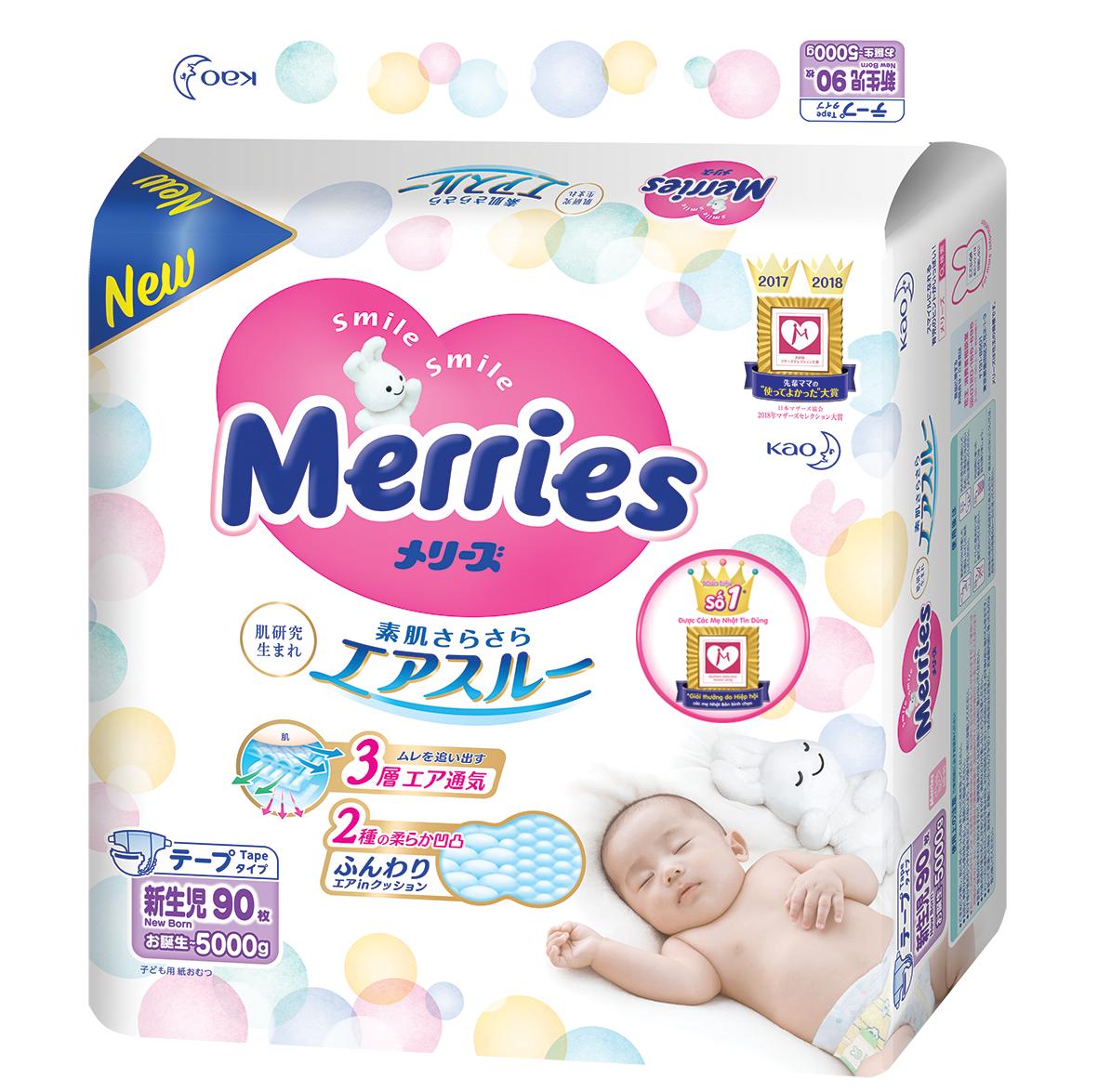 Tã bỉm dán cho bé sơ sinh Merries SS90 (NB <5kg) 90 miếng - Nội địa Nhật Bản