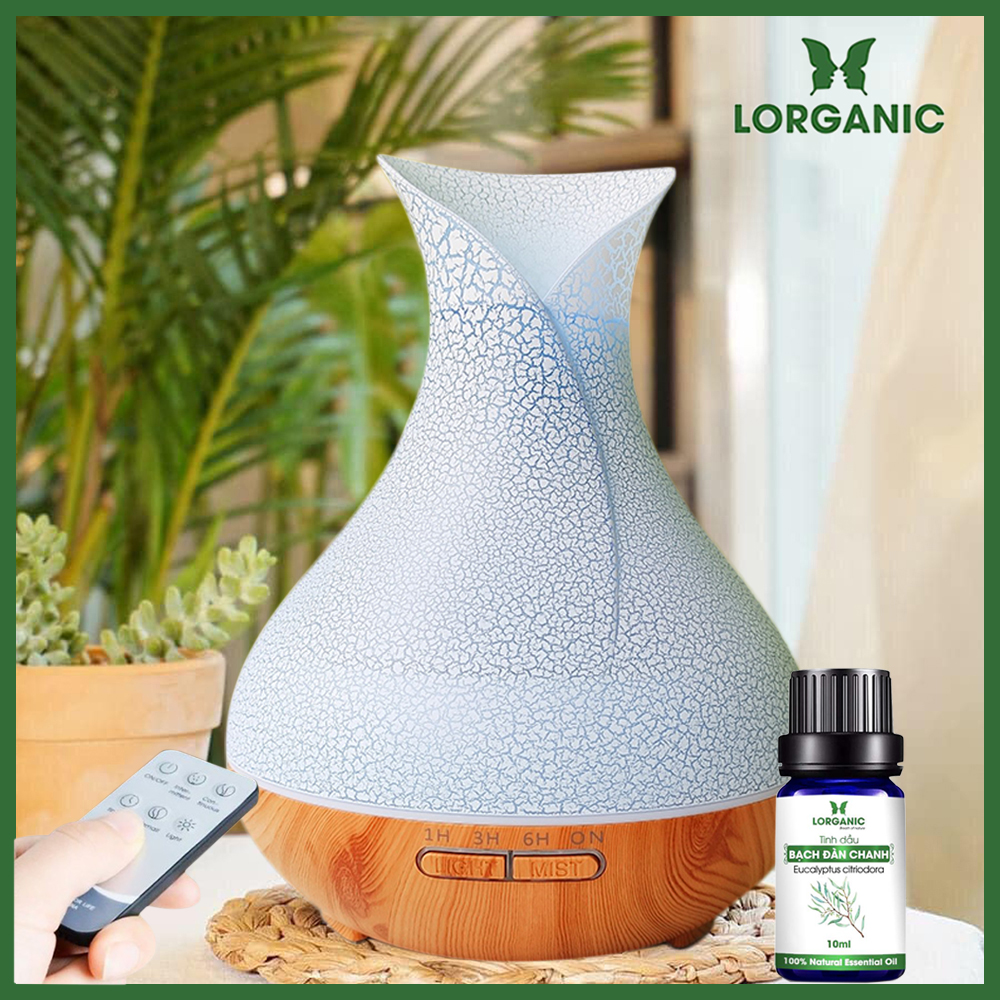 Combo máy khuếch tán/ máy xông tinh dầu Lorganic bình hoa FX2057 + tinh dầu bạch đàn chanh Lorganic LGN0366