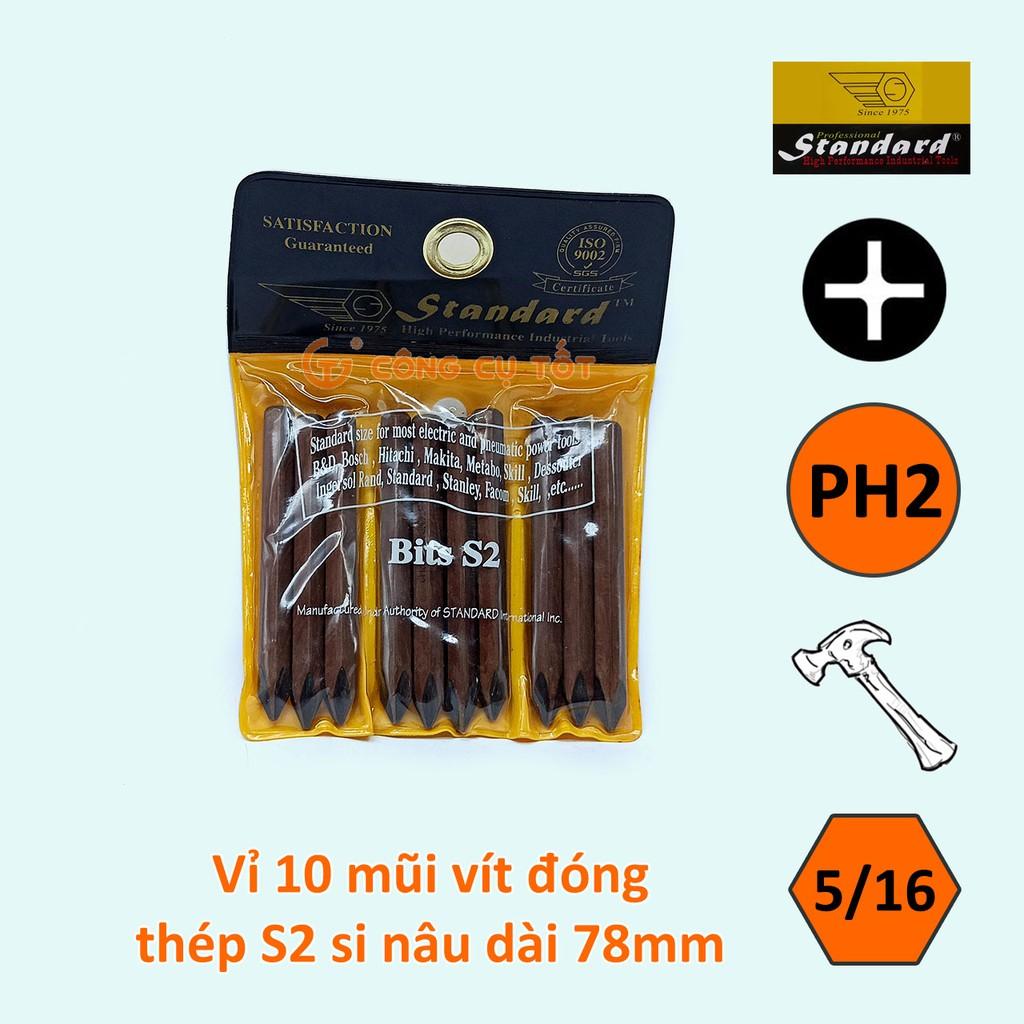 Vỉ 10 mũi vít đóng 4 cạnh PH2 Standard si nâu dài 78mm