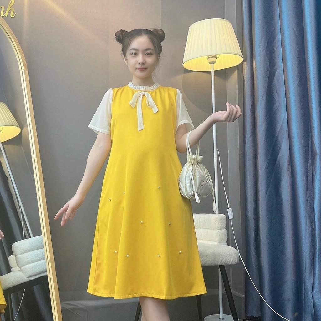 Đầm bầu cổ bèo thắt nơ đính hạt phom suông dễ thương gon dáng, mặc đi làm đi chơi - Đen