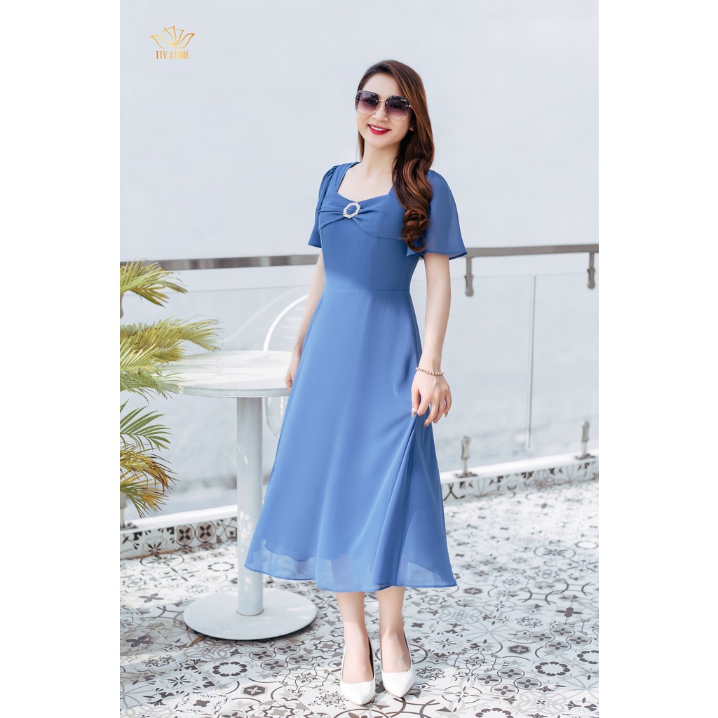 Đầm xoè thời trang trung niên TTV Store Cổ vuông nơ tay loe thiết kế Xanh dương TTV1183 thanh lịch