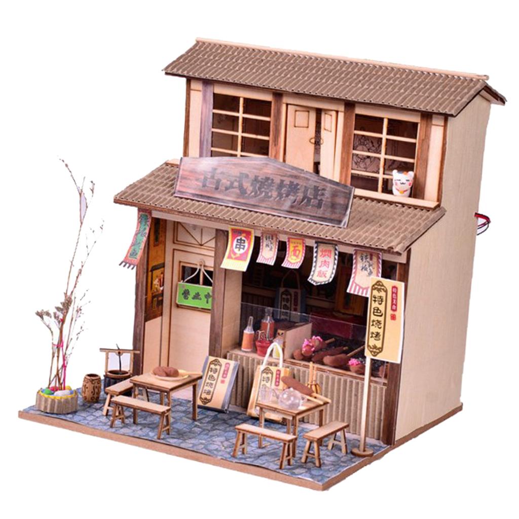 1/24 DIY Nhà Búp Bê Mini Bộ với Nội Thất, Ánh Sáng BBQ Nhà Hàng Quà Tặng