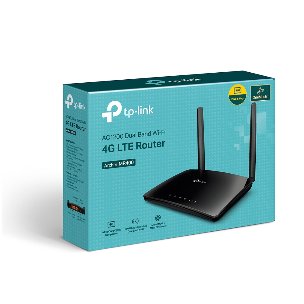 Bộ phát wifi 4G TP-Link Archer MR400 (AC1200Mbps/ Chuẩn AC/ 2 Ăng-ten ngoài/ Sim 4G/ 35 User) - Hàng chính hãng FPT phân phối