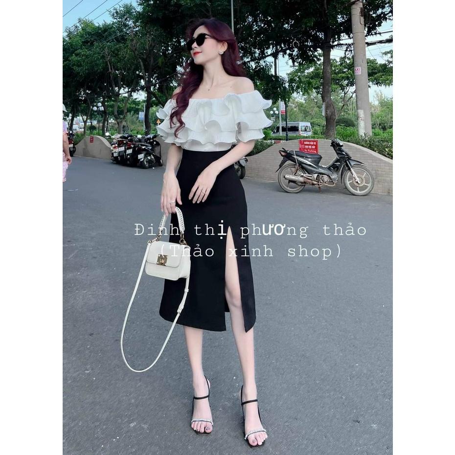 Set áo voan dập ly bèo 3 lớp có mút và chân váy xẻ tà