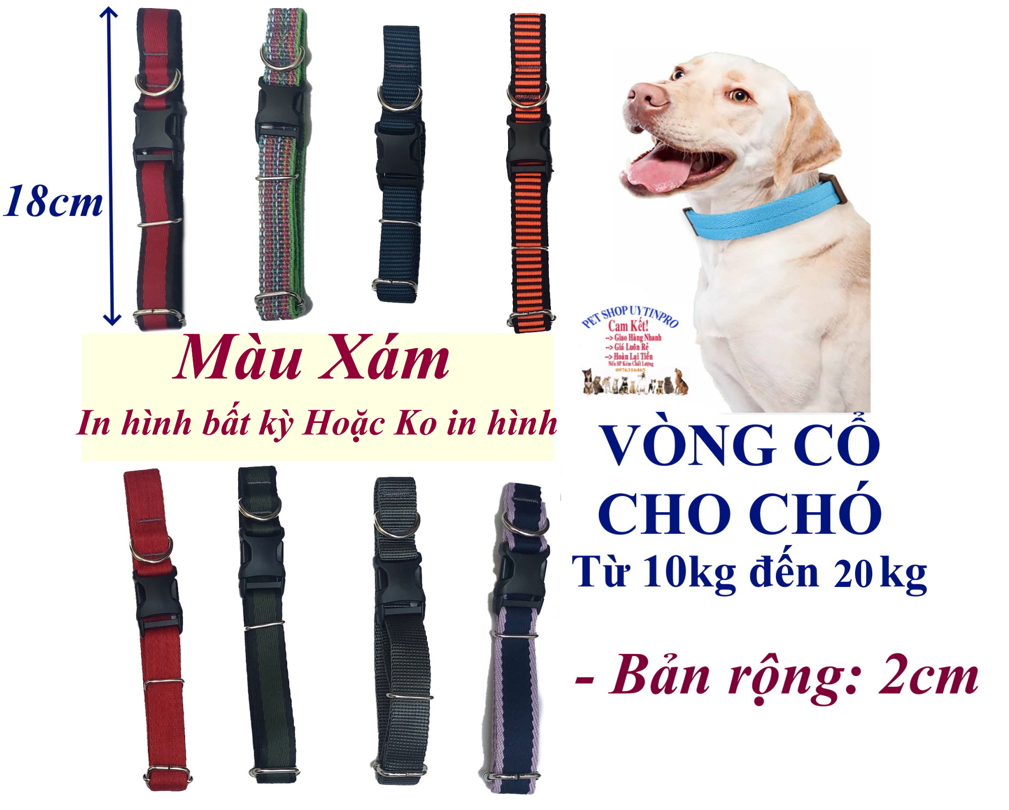 Vòng cổ cho Chó từ 10kg đến 20kg Bản rộng 2cm Chất liệu dù cao cấp, Chắc chắn, An toàn cho thú cưng