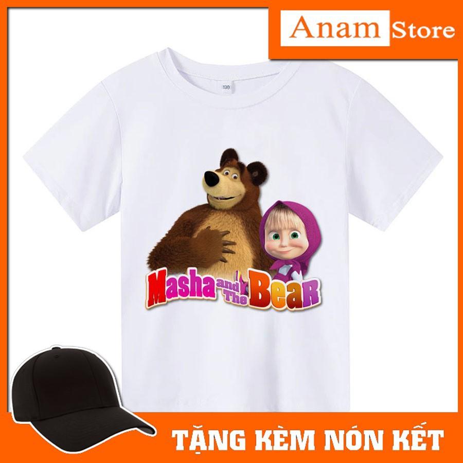 Áo thun trẻ em Masha và gấu, Tặng kèm nón kết, có size người lớn, Anam Store