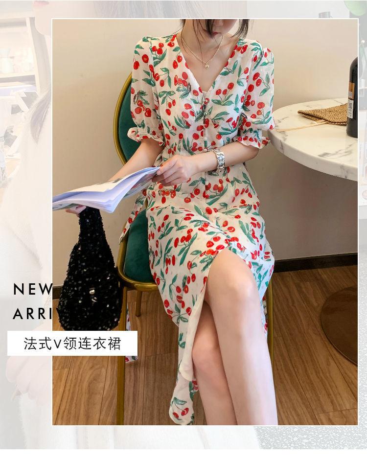 SHUANGYAN 2021 mùa hè thắt lưng ngọt ngào trà nghỉ váy nữ Pháp anh đào chiffon hoa bong bóng tay áo đầm dài