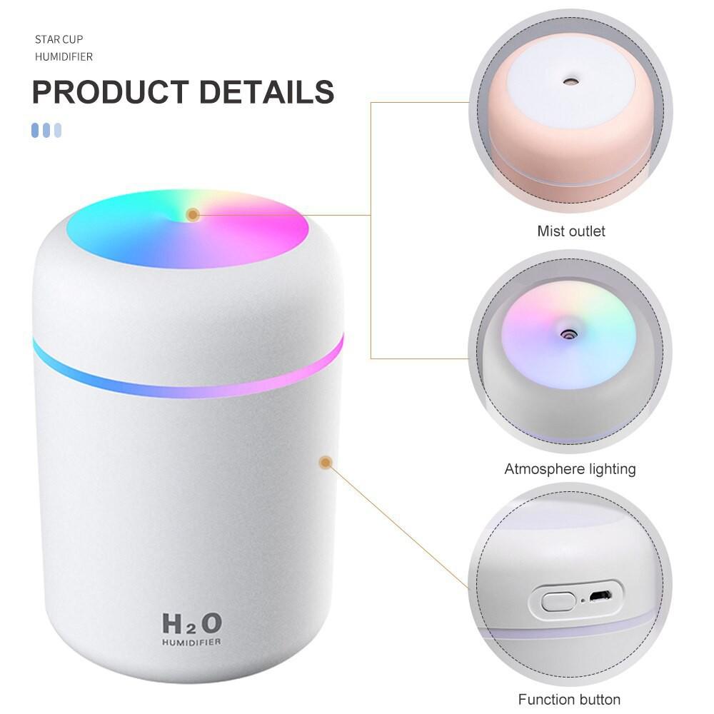 Máy Phun Sương tạo độ ẩm không khí mini có đèn LED màu cầu vồng H2O