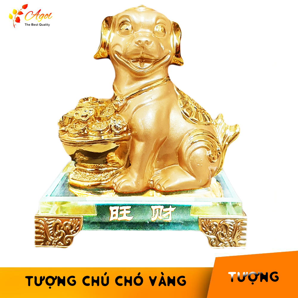 TƯỢNG CHÚ CHÓ VÀNG ĐẾ THỦY TINH CAO CẤP - Linh Khuyển Phú Quý