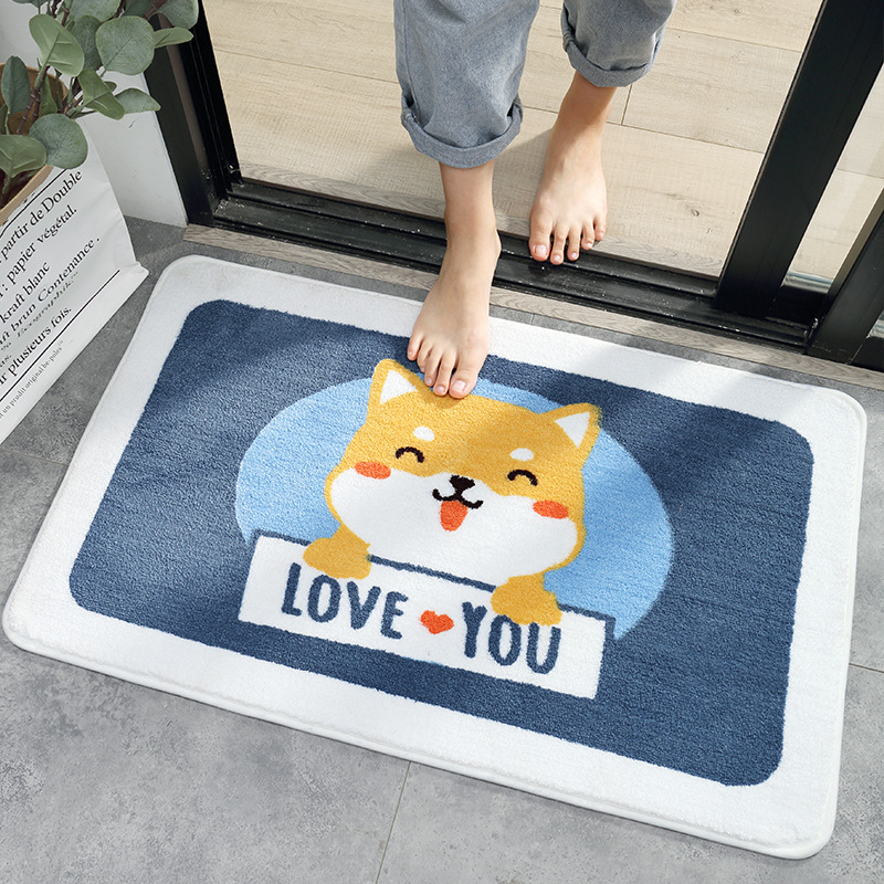 Thảm Lau Chân Lông Xù Chống Trượt Hình Chó Shiba Love You 45x65cm