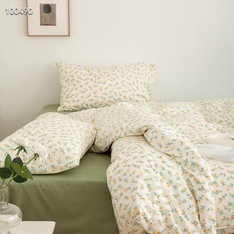 Bộ Chăn Ga Gối Cotton Living 100%cotton Hàng Nhập Khẩu Cao Cấp 4 Món Hoa Vintage Nhí Xanh