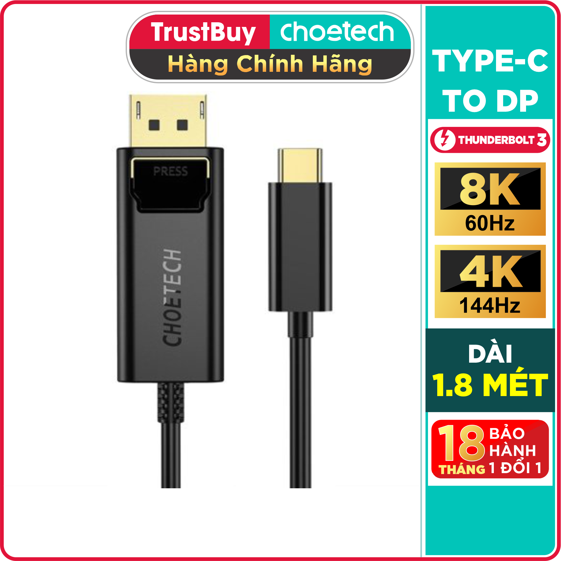 Dây Cáp Type C To DP DisplayPort 8K 60Hz, 4K 144Hz Thunderbolt 3 CHOETECH XCP-1801-B Dài 1.8M - Hàng Chính Hãng