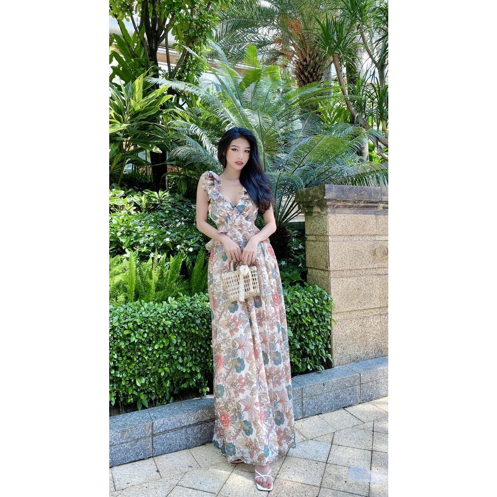 Đầm maxi dáng dài buộc nơ lung hoạ tiết hoa nhiệt đới