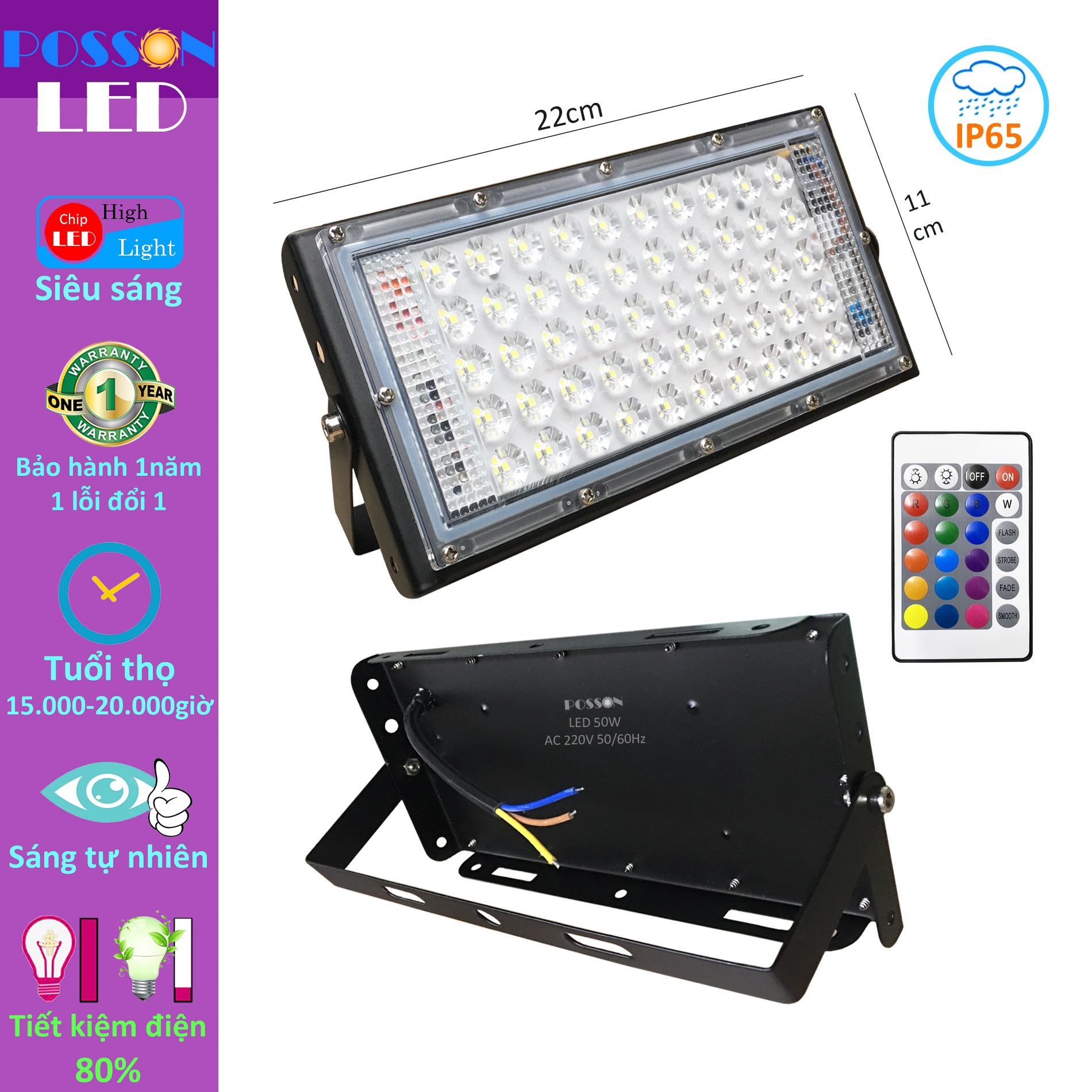 Sỉ 20 Đèn Led pha đổi nhiều màu RGB 50w 220v kèm điều khiển hắt tường rọi cây kín chống nước mưa ngoài trời Posson LF-50RGB