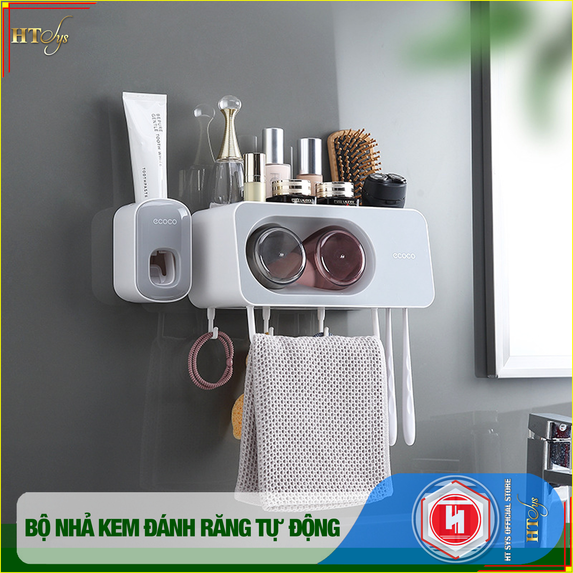 Bộ dụng cụ nhả kem đánh răng tự động 2/3/4 cốc và giá treo bàn chải đa năng HT SYS-ECOCO-Chất liệu ABS cao cấp -