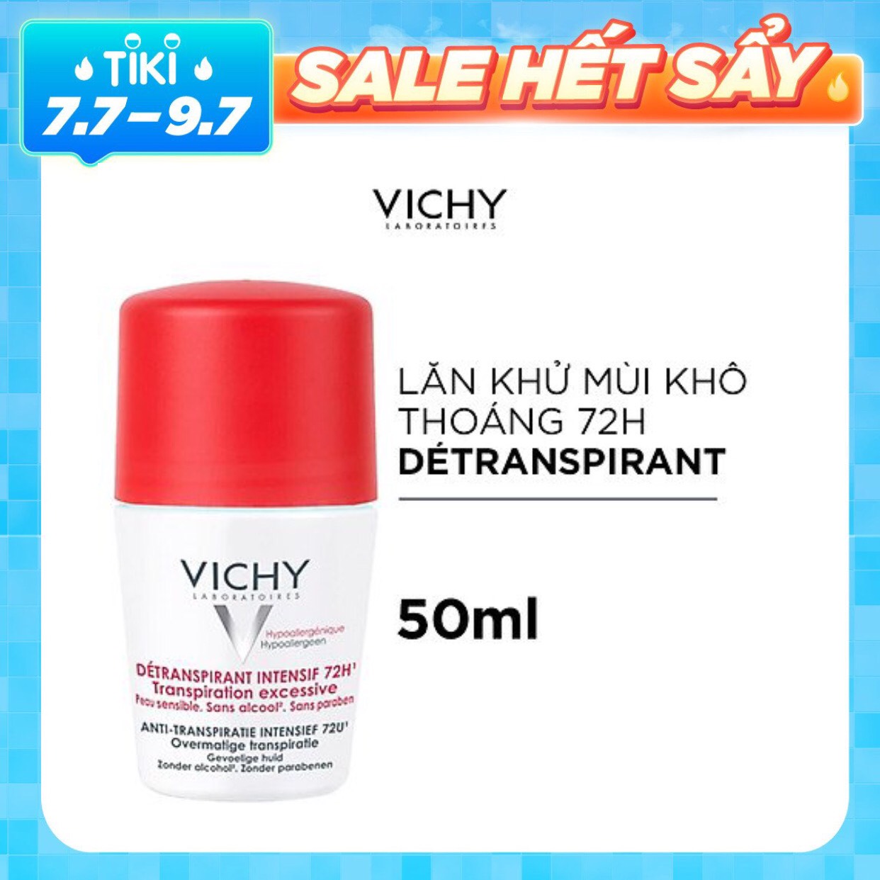 Lăn Khử Mùi Giúp Khô Thoáng Vùng Da Dưới Cánh Tay 72h Vichy Detransprirant Intensif 72h Transpiration Excessive (50ml)