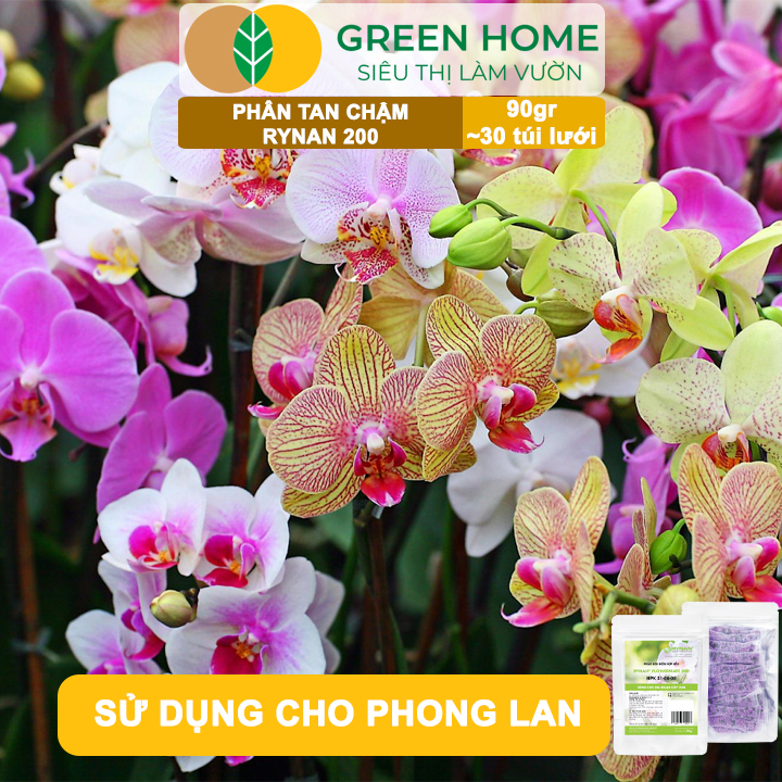 Phân Tan Chậm GreenHome, Rynan 200, Bao 90gr ~ 30 Túi Lưới 3gr, Dành Cho Giai Đoạn Phong Lan Cây Con