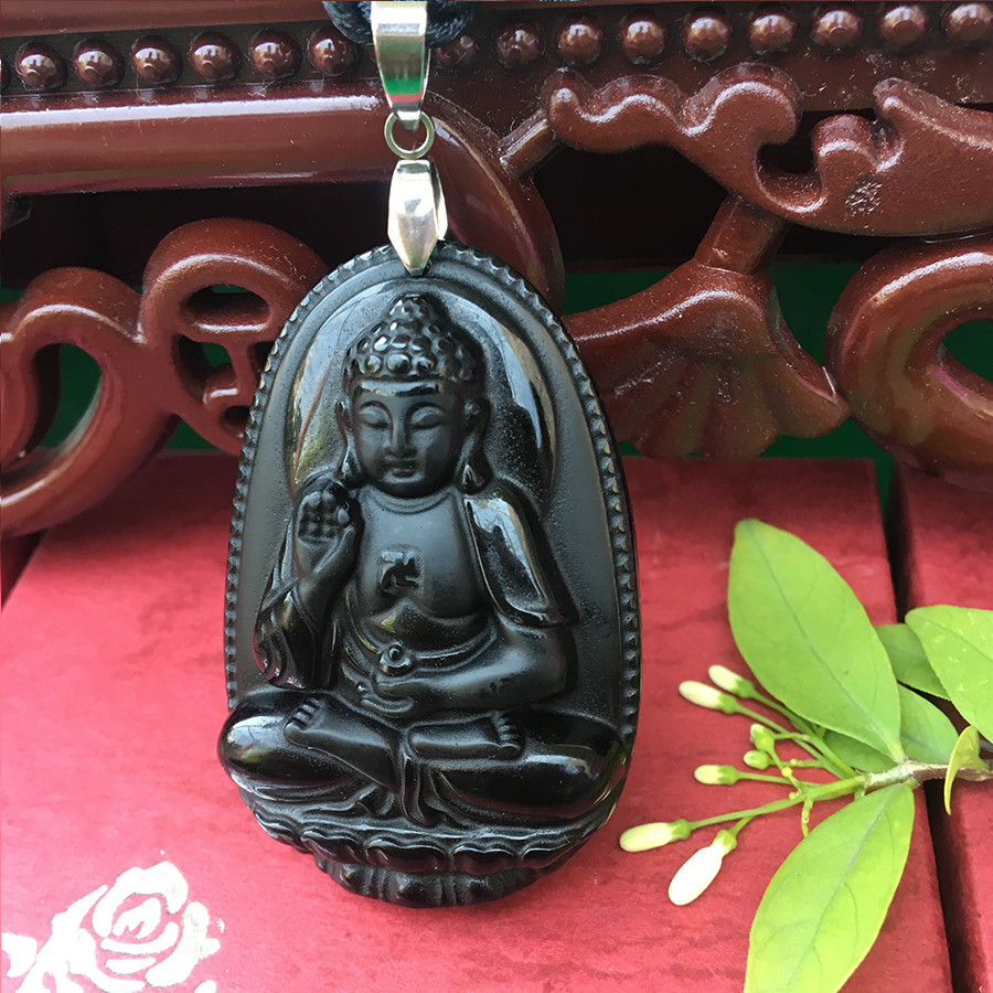 Dây chuyền mặt Phật A Di Đà,  Đá Phong Thủy, cho Tuổi Hợi,  Đá Núi lửa Obsidian,    3,3 x 5 cm,    AKO4