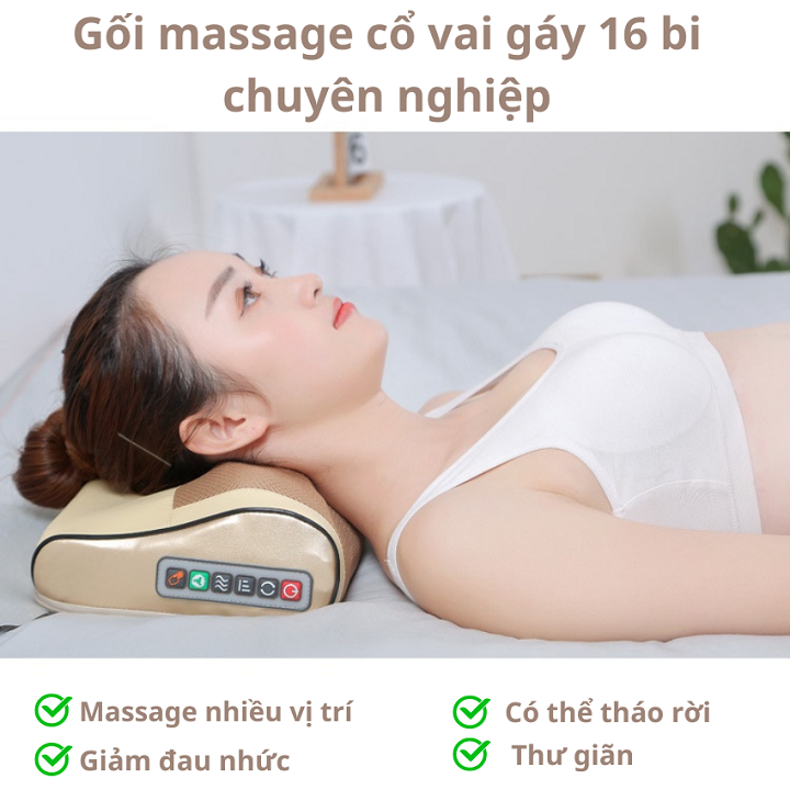 Gối Massage Hồng Ngoại 16 Bi Nhật Bản Thông Minh Đa Năng Cao Cấp, Mát Xa Cổ, Lưng, Vai Gáy, Giảm Đau Nhức Hiệu Quả