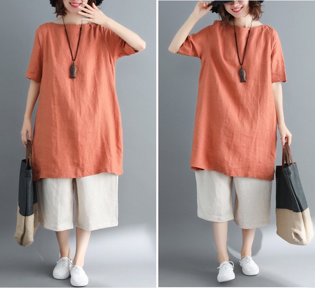 Đầm suông linen cổ tròn tay lỡ Basic, thời trang hè thu 2021