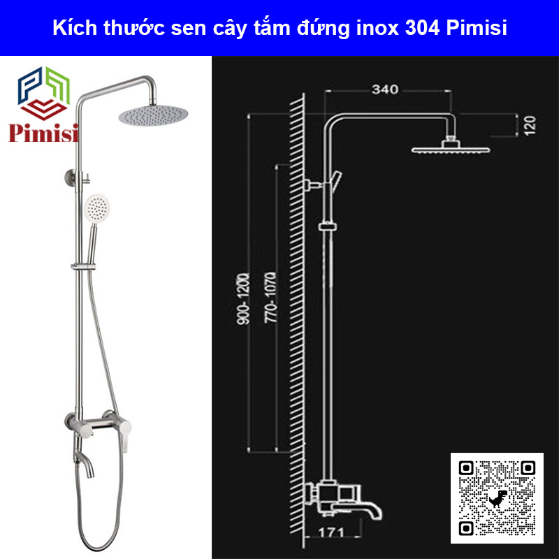 Bộ vòi hoa sen cây tắm đứng nóng lạnh inox 304 kiểu tròn Pimisi đầy đủ phụ kiện với bát sen to - bát nhỏ cầm tay tăng áp dùng được cho cả nhà tắm nhỏ và thấp | Hàng chính hãng