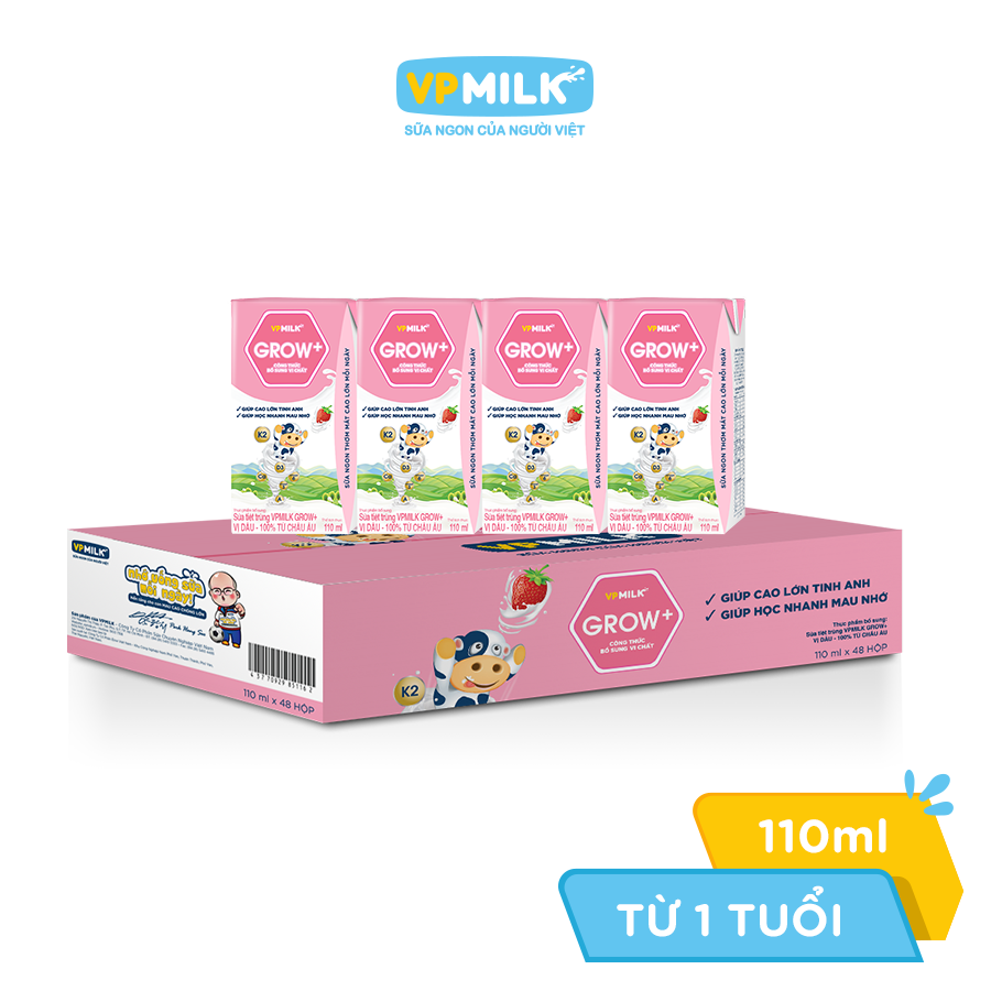 Sữa Tiệt Trùng Có Đường VPMilk Grow+ Vị Dâu Hộp 110ml (Thùng 48 Hộp)