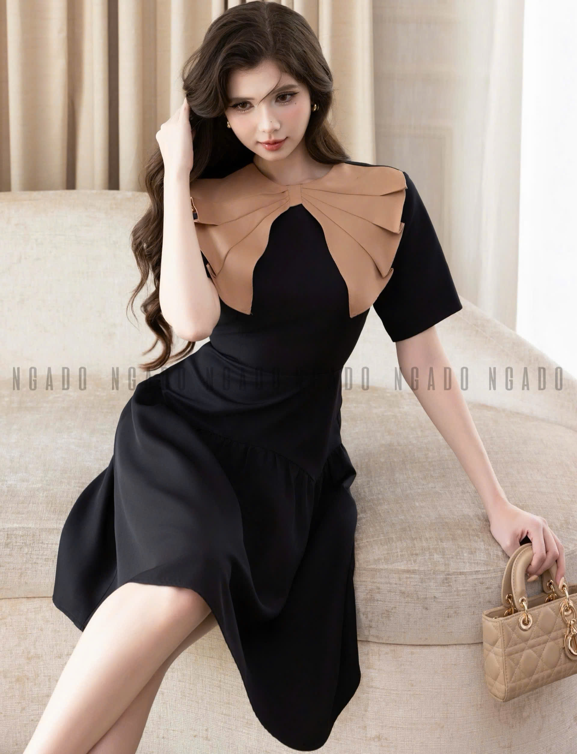 Đầm đen cổ nơ nâu NGADO , đầm kiểu , đầm dự tiệc , đầm công sở