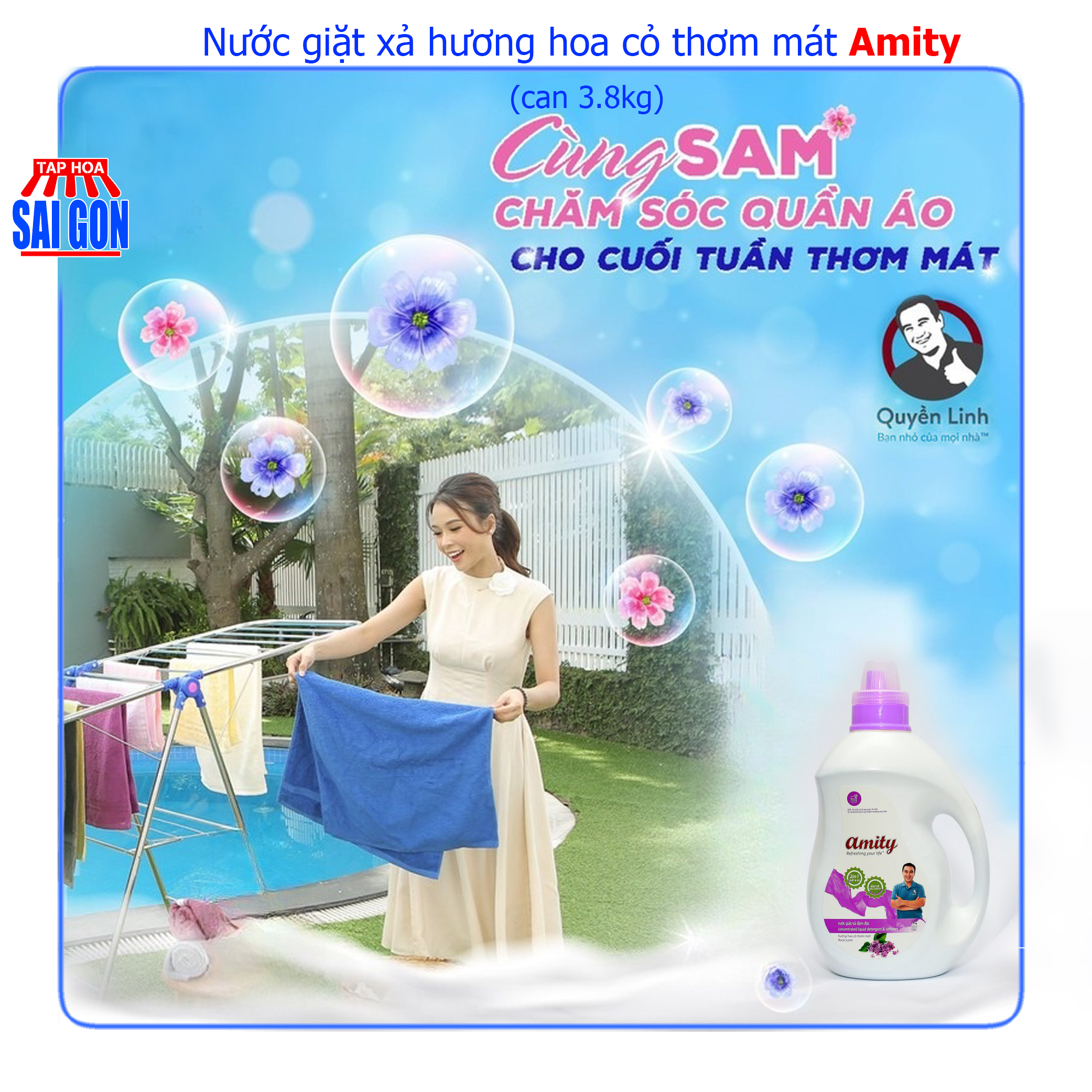 Hình ảnh Nước Giặt Xả Amity màu tím hương hoa cỏ thơm mát can 3.8kg với các hạt lưu hương giữ mùi thơm nhẹ nhàng suốt cả ngày