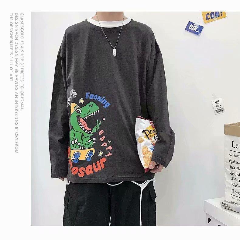 Áo Thun Form Rộng Tay Dài In Hình Khủng Long 3 Màu