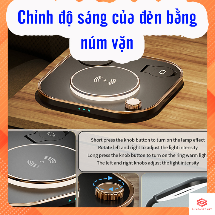 Đèn bàn kiêm sạc dự phòng không dây 3 trong 1 PD 20W cho iPhone, iPad, Apple Watch