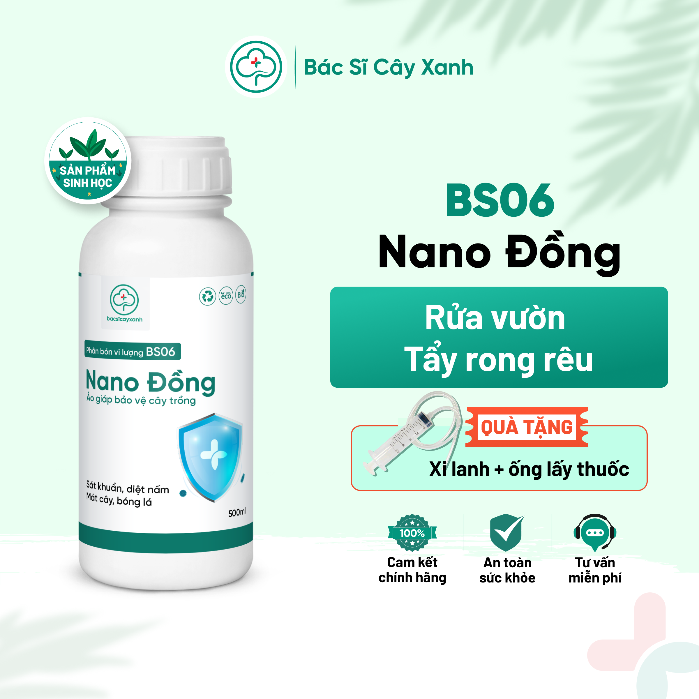 Phân bón vi lượng BS06 Nano Đồng Rửa vườn, tẩy rong rêu, nấm móc, phòng ngừa bệnh cây trồng 250/500ml NSX Bacsicayxanh