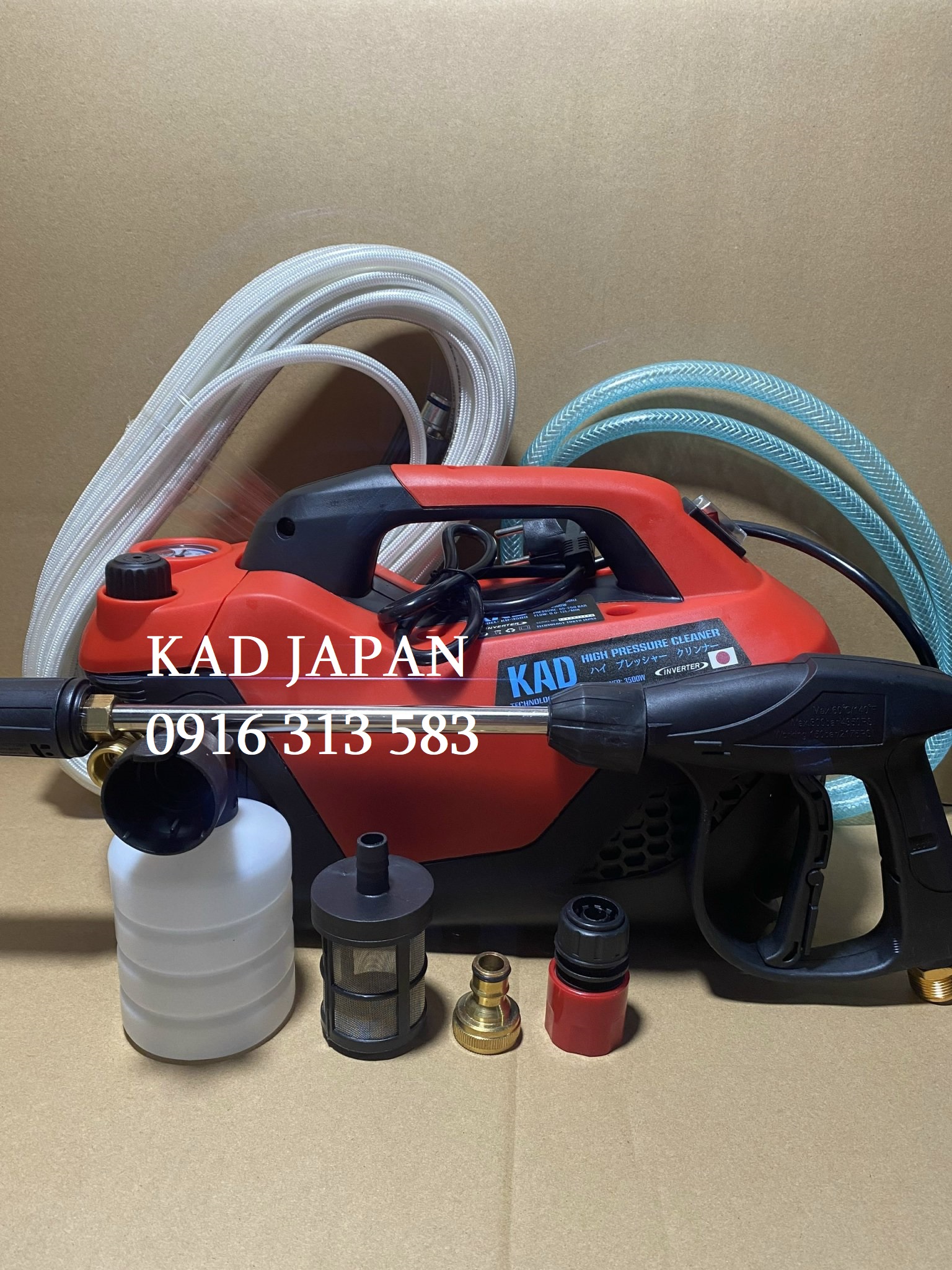 Máy phun xịt rửa xe áp lực cao KAD JAPAN- KD 3589, Công suất mạnh 3500W, Điều chỉnh được áp lực phun, Phù hợp cho mọi công việc, Dây áp lực cao 15m loại dẻo, Chống xoắn, Chống gập tốt(giao màu ngẫu nhiên).