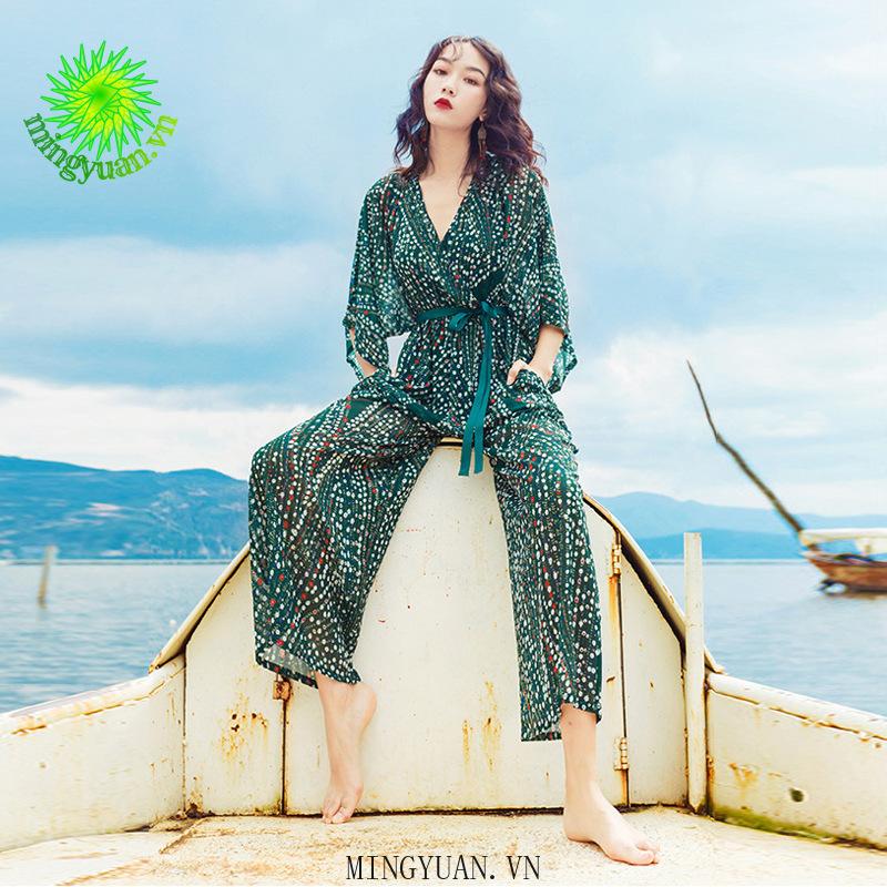 Bộ Áo Liền Quần Cổ V In Hoa Xinh Xắn Cho Nữ