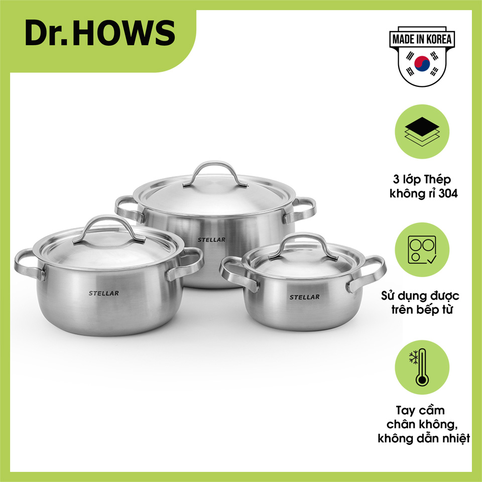 Bộ nồi nấu 03 nồi Inox 3 lớp Dr.Hows Stella Casserole 16-20-24cm