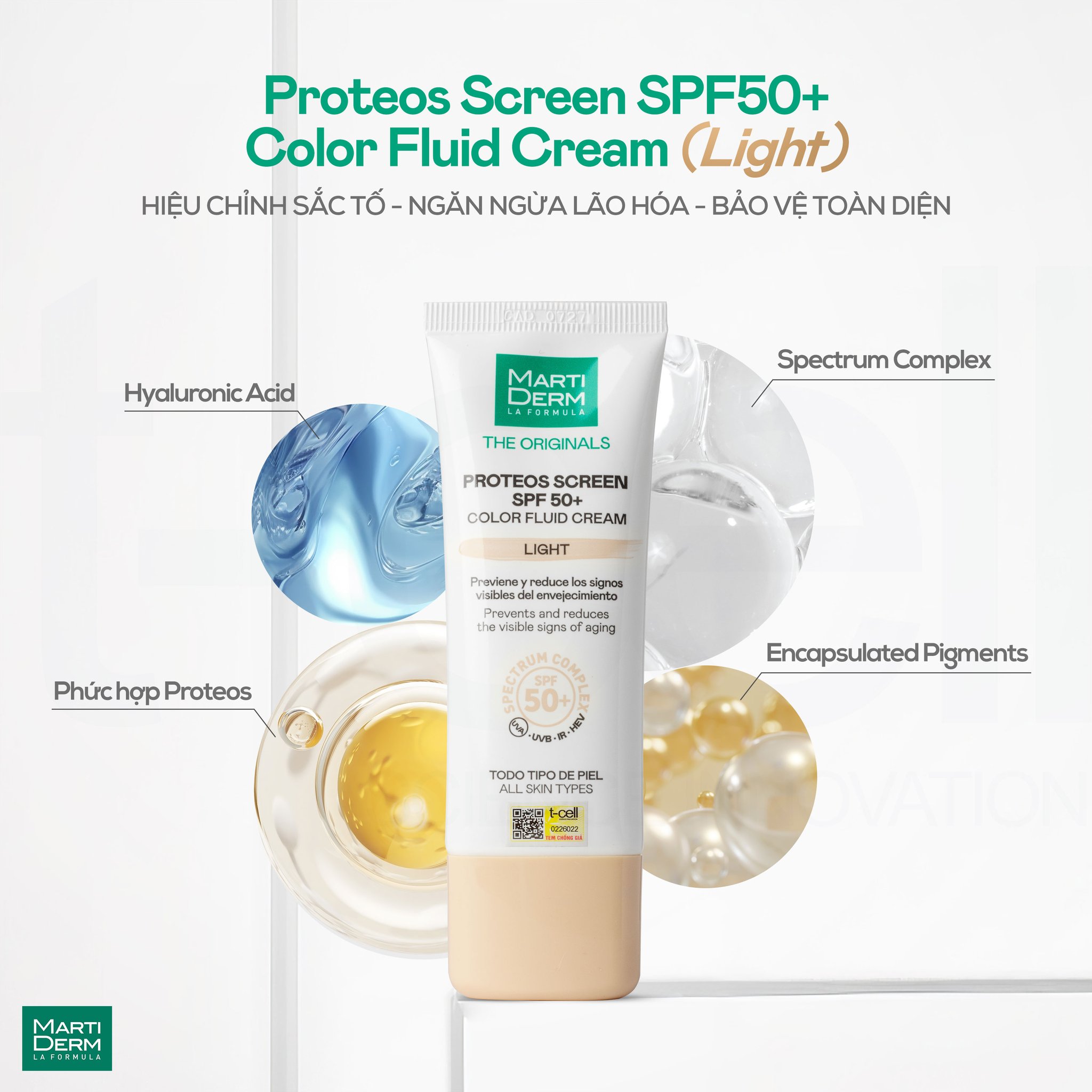 Kem Chống Nắng MartiDerm Light Làm Đều Màu Da - MartiDerm Proteos Screen SPF50+ Color Fluid Cream (Light) (40ml)
