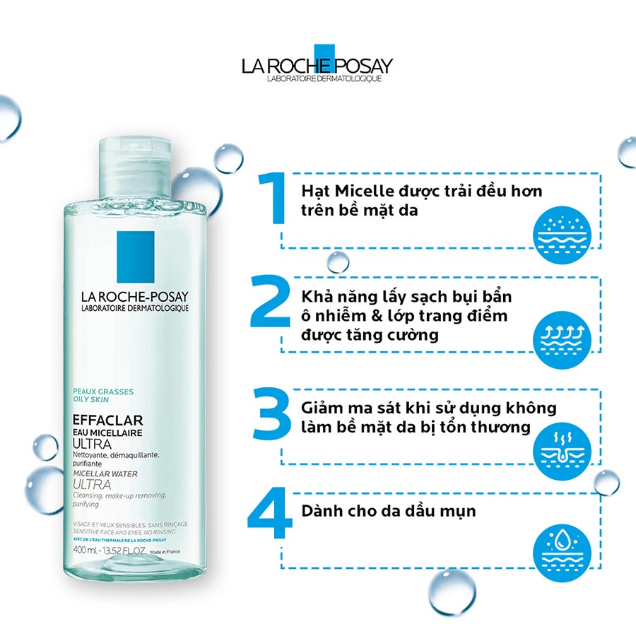 Nước làm sạch sâu và tẩy trang dành cho da mụn, da dầu nhạy cảm La Roche-Posay Effaclar Micellar Water 200ml