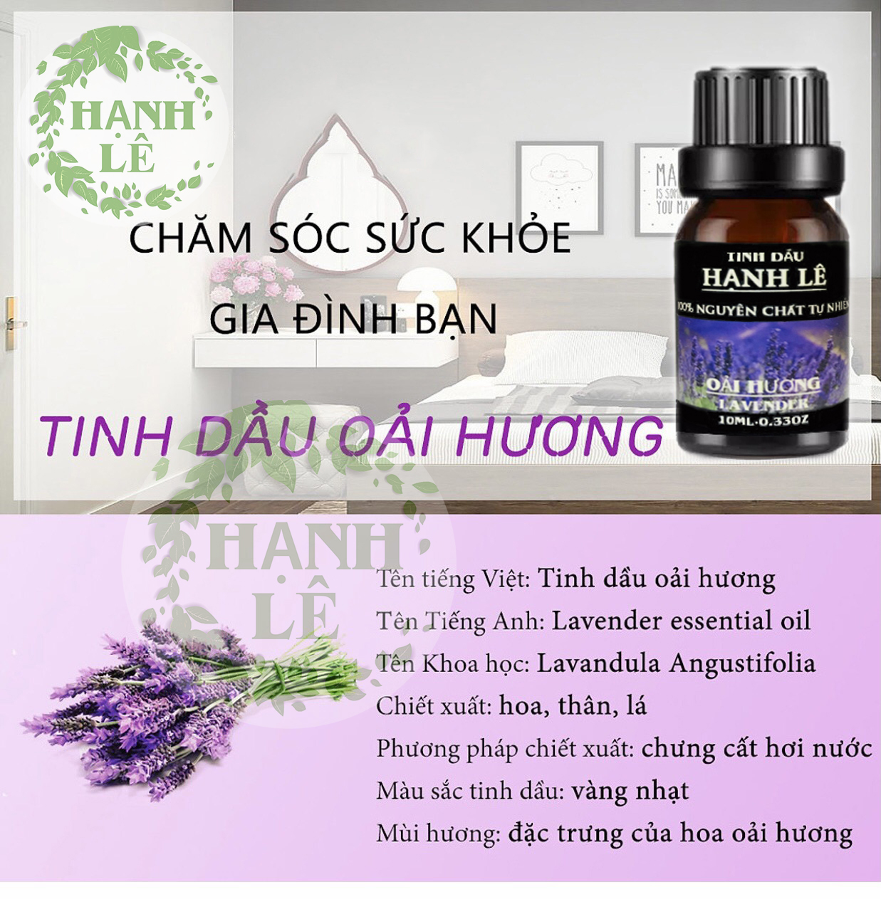 TINH DẦU OẢI HƯƠNG (LAVENDER) HẠNH LÊ 100% NGUYÊN CHẤT TỪ THIÊN NHIÊN 10ML (MUA 2SET 6 CHAI ĐƯỢC TẶNG 01 MÁY KHUẾCH TÁN TINH DẦU MÈO THẦN TÀI)