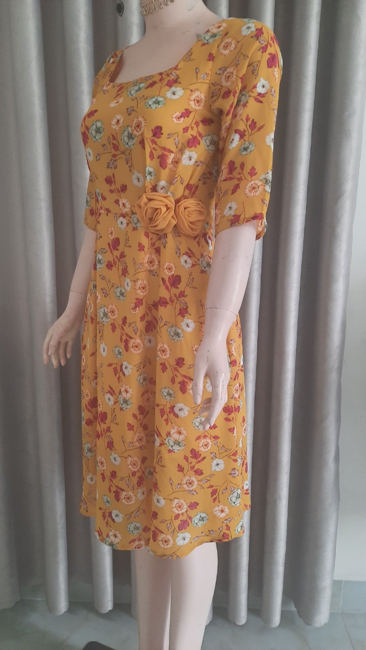 Đầm xòe hoa Vintage gắn hoa hồng-MS0574D